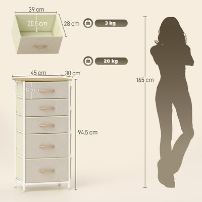 HOMCOM Chest of Five Fabric Drawers - Beige 