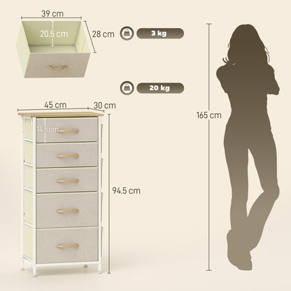 HOMCOM Chest of Five Fabric Drawers - Beige