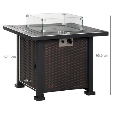 Outsunny Square Propane Gas Fire Pit Table, 50000 BTU Rattan Smokeless Firepit Patio Heater with Glass Screen, Glass Beads and Lid, 81cm x 81cm x 64cm, Black 