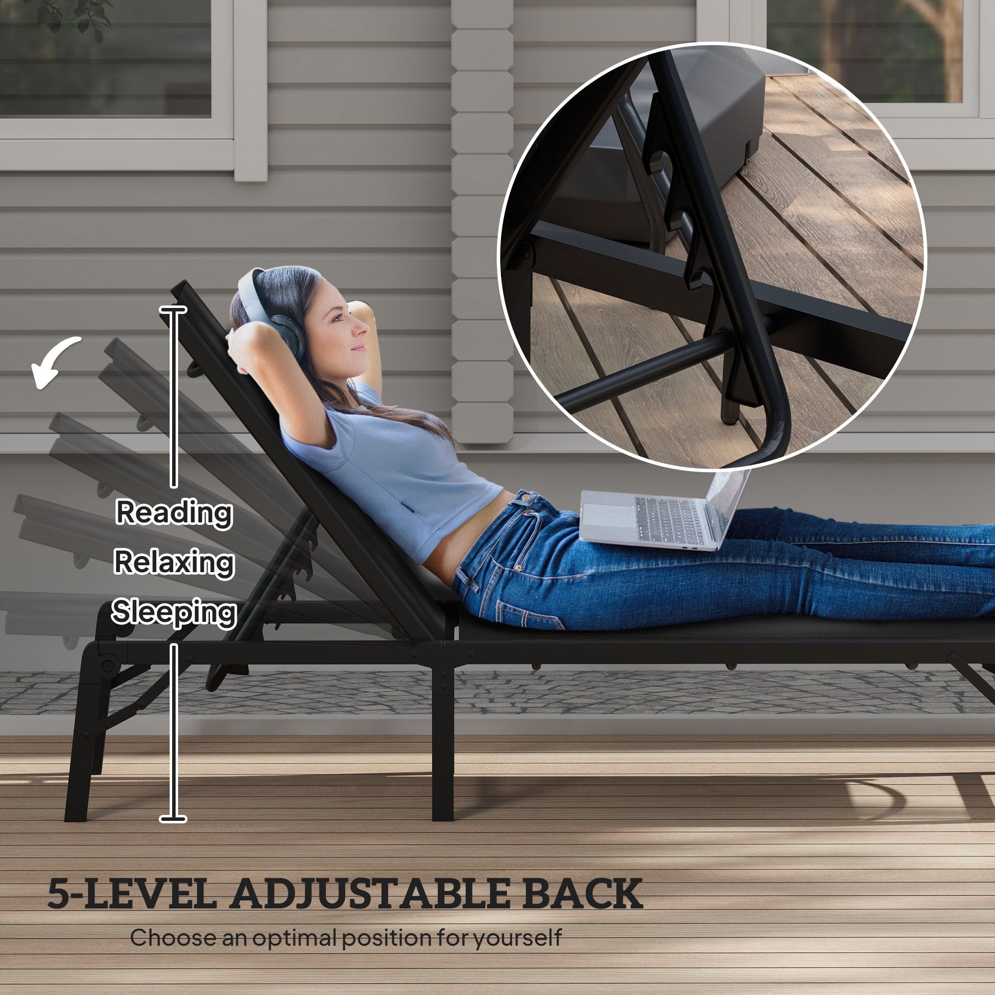 Outsunny Folding Sun Lounger, 5-Position Adjustable Garden Chaise Lounge Sunbed, Steel Frame Reclining Chair for Beach, Porch, Patio, Camping, Black 
