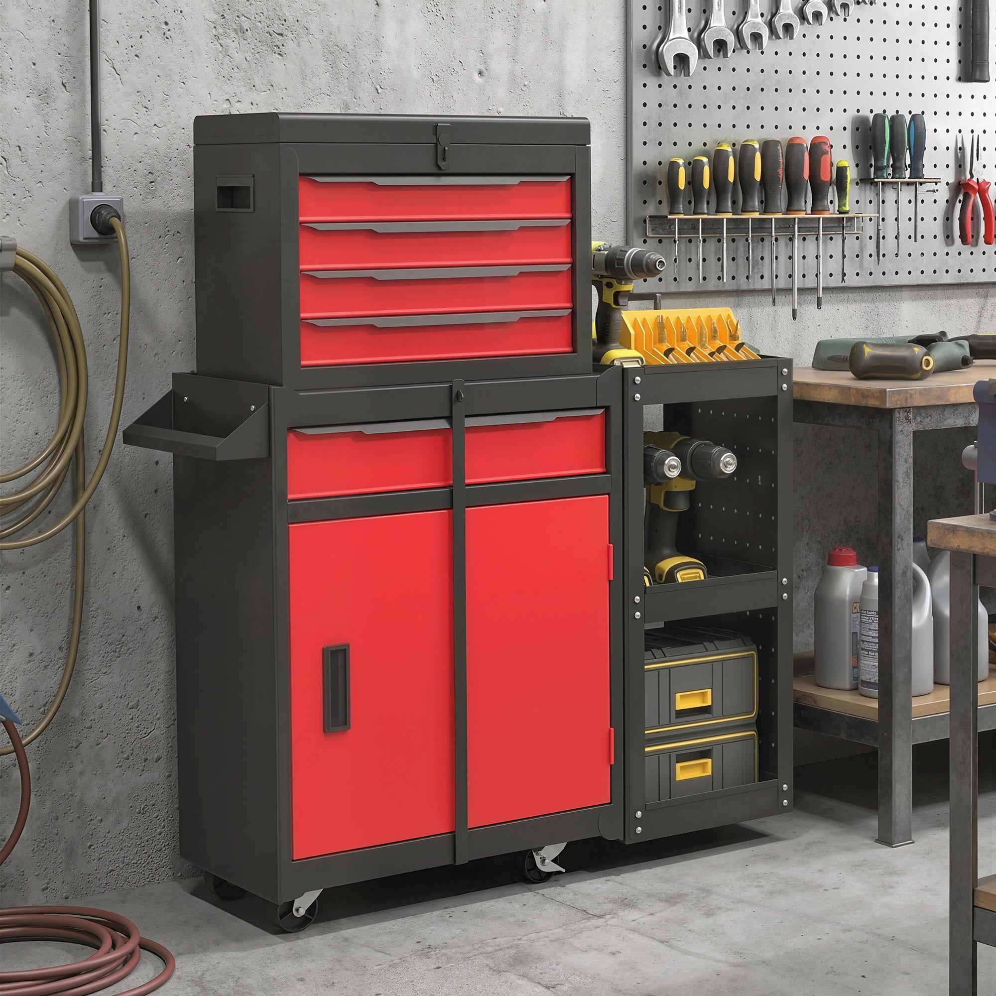 HOMCOM Tool Chest, Mobile Modular Tool Box with 5 Drawers, Side Rack, Pegboard, Lock, Tool Cabinet for Garage Workshop, Red