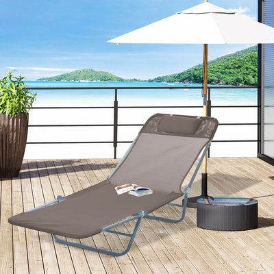 Outsunny Outdoor Foldable Sun Lounger, Adjustable Backrest Garden Recliner Sun Lounger Chair with Headrest Pillow, Coffee 