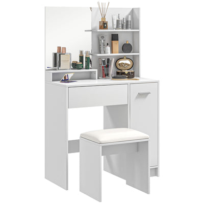 HOMCOM Dressing Table with Mirror and Stool, Vanity Table, Modern Makeup Desk with Drawer, Storage Cabinet and Adjustable Shelf for Bedroom, White 