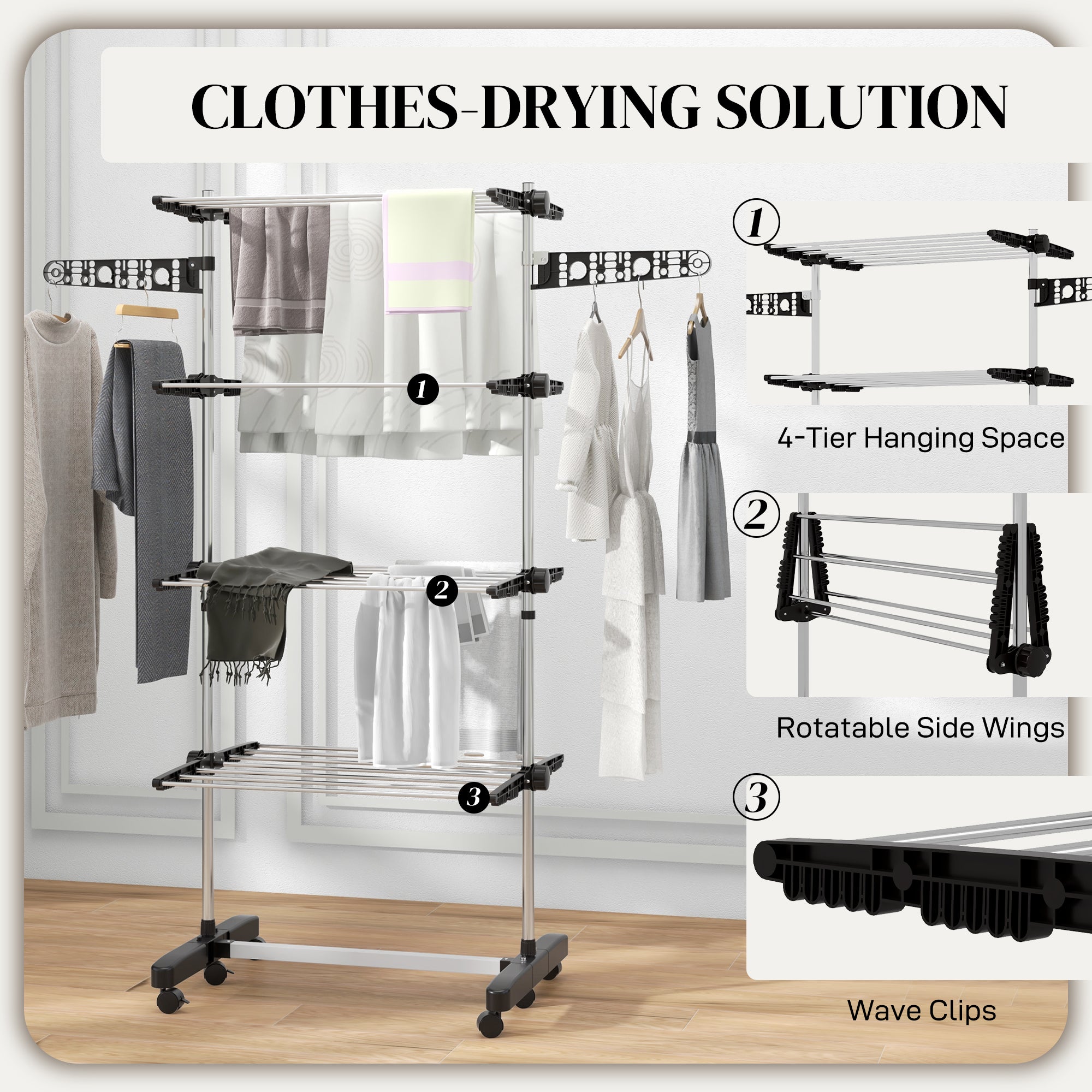 HOMCOM Four-Shelf Collapsing Clothes Horse, With Side Arms and Wheels - Black 
