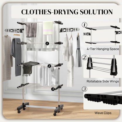 HOMCOM Four-Shelf Collapsing Clothes Horse, With Side Arms and Wheels - Black 