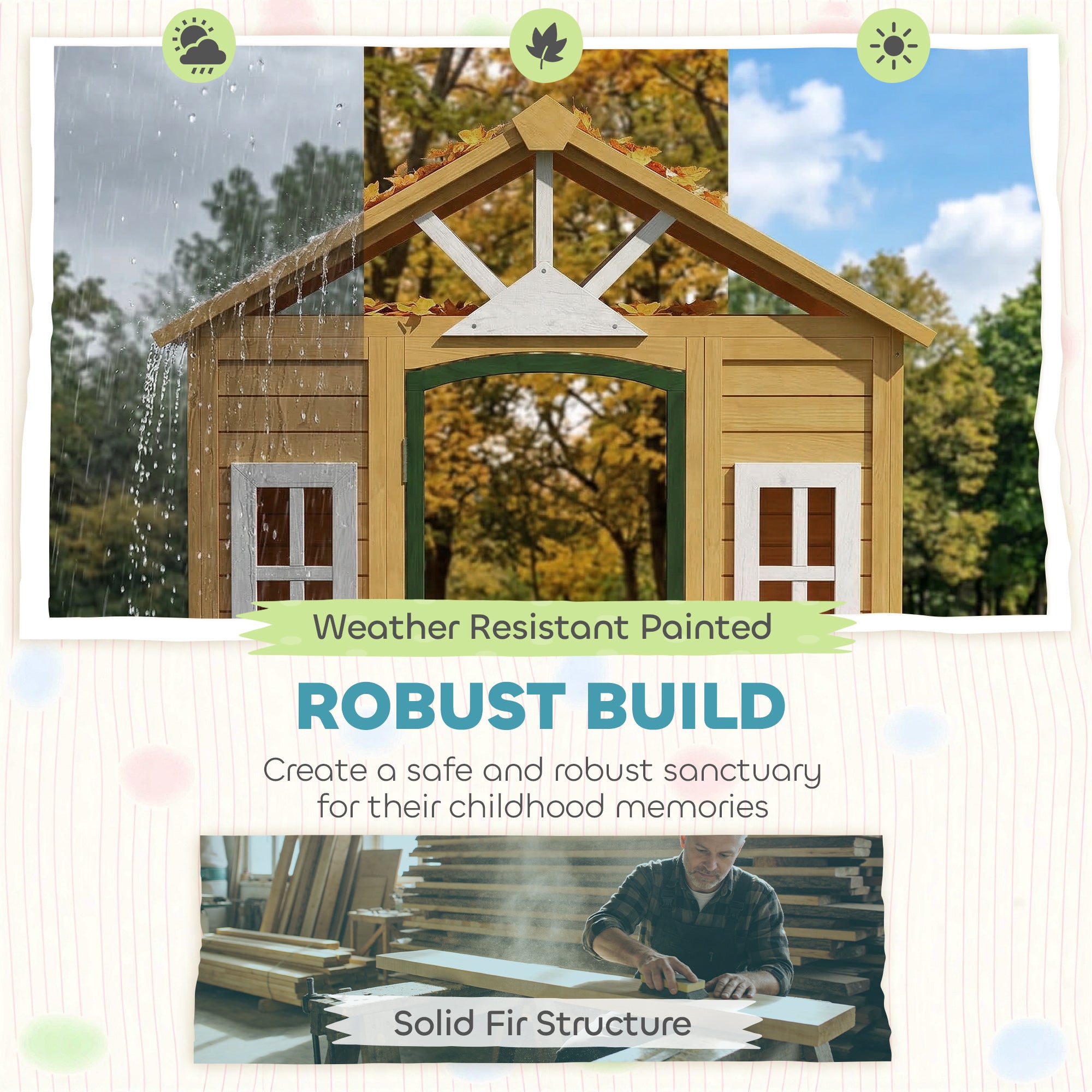 AIYAPLAY Outdoor Kids Playhouse, Wooden Wendy House with Door, 3 Windows, 2 Flower Boxes for Garden, Indoor Playroom 