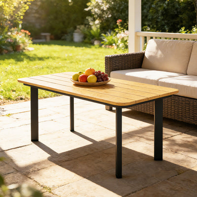 Outsunny Outdoor Garden Coffee Table, Garden Table with Slatted Wood Plastic Composite Top and Metal Frame, Brown 