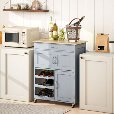 HOMCOM Modern Kitchen Trolley, Rolling Island Storage Cart with Drawer, 9-bottle Wine Rack, Door Cabinets, Wooden Countertop, Grey 