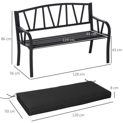 Outsunny 2-Seater Garden Bench with Cushion, Metal Loveseat, Slatted Outdoor Park Chair with Decorative Backrest and Armrest, Black 