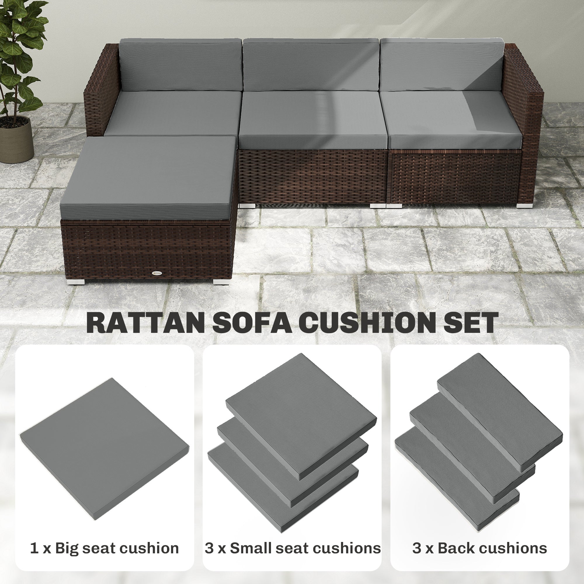 Outsunny 7-Piece Patio Furniture Cushions, Outdoor Loveseat Cushion with Removable Covers for Rattan Furniture, 60x60 cm, Dark Grey 