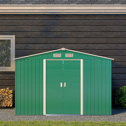 Outsunny 9 x 6ft Metal Garden Shed, Outdoor Storage Tool House with Ventilation Slots, Foundation Kit and Lockable Double Doors, Green 