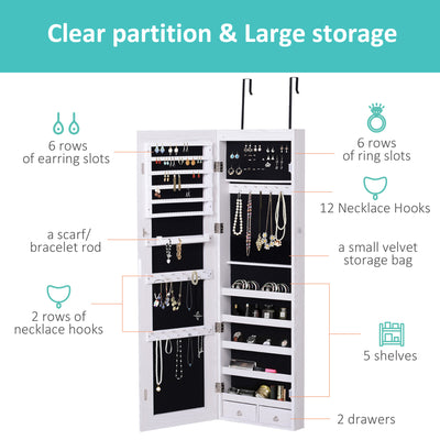 HOMCOM Jewelry Cabinet with Mirror and LED Lights, Lockable Makeup Cosmetics Jewellery Organiser, Mirror with Storage for Bedroom Dressing Room, White 
