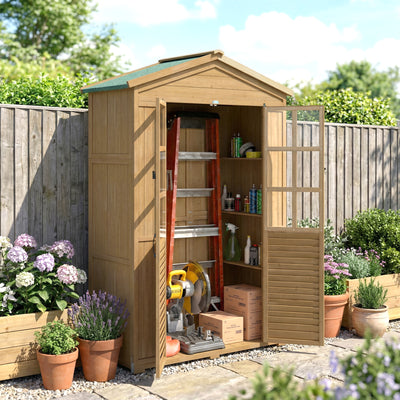 Outsunny Outdoor Wooden Storage Cabinet, Garden Tool Shed with Acrylic Windows for Patio, Light Brown 