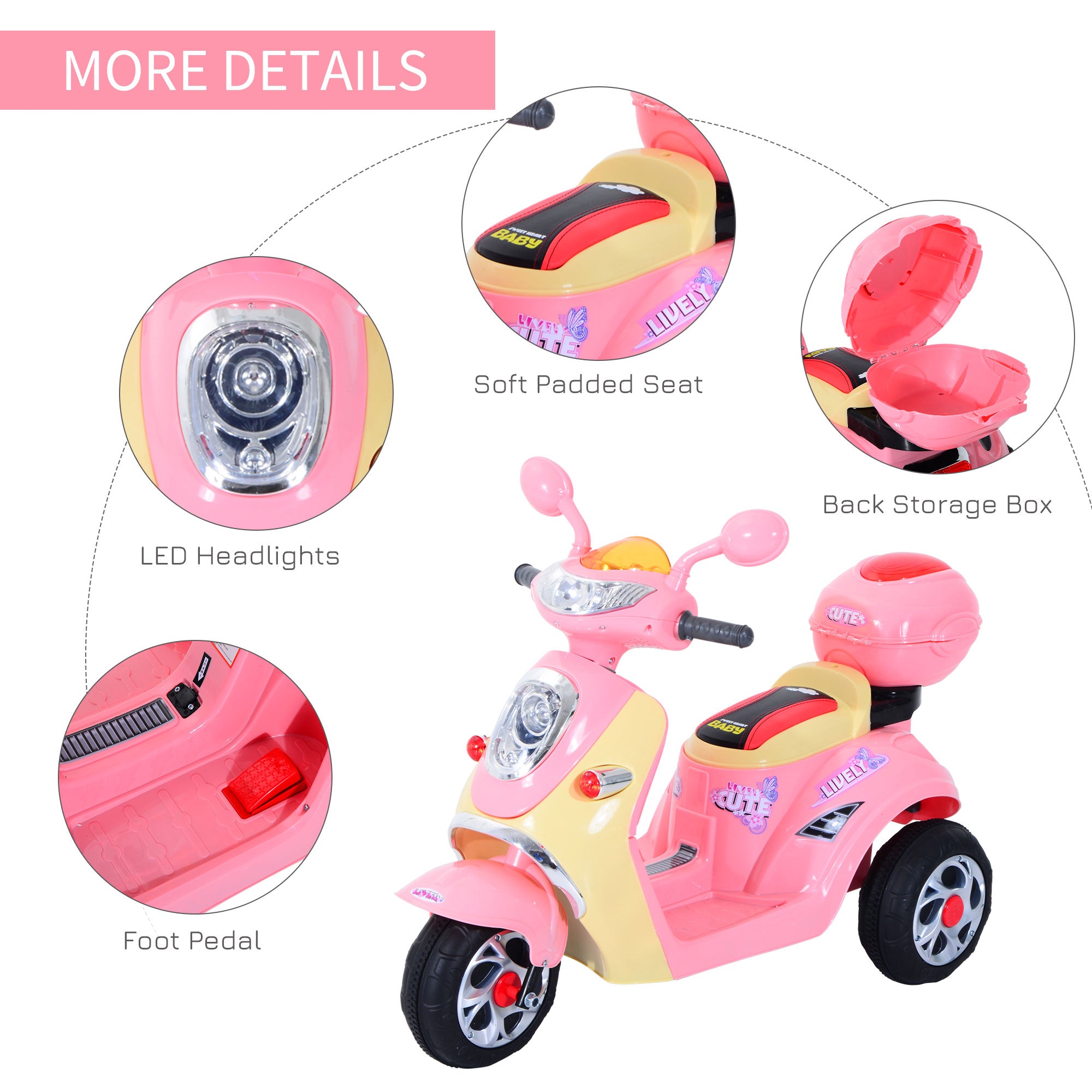 HOMCOM Kids Electric Ride On Toy Car 6V Electric Motorbike with Chargeable Battery Headlight and Music for 3-5 Years - Pink 