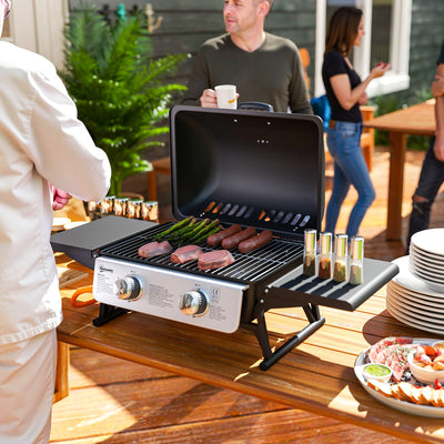 Outsunny 2 Burner Gas BBQ Grill with Foldable Side Tables, Portable Tabletop Gas Barbecue Grill with Built-in Thermometer, Lid, Grease Tray for Garden Party Camping Picnic Outdoor Cooking 5.6KW, Black 