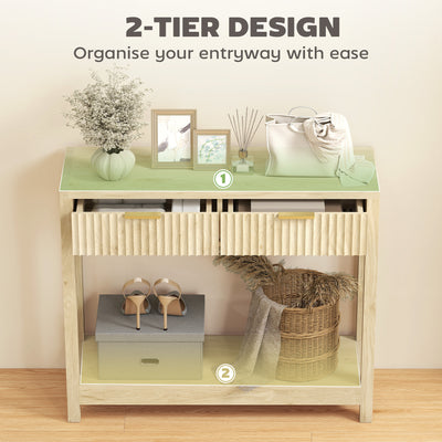 HOMCOM Modern Console Table with Fluted Panel Drawers, Narrow Hallway Table with Shelf for Entryway, Living Room, 90 x 30 x 76 cm, Natural Wood Finish 