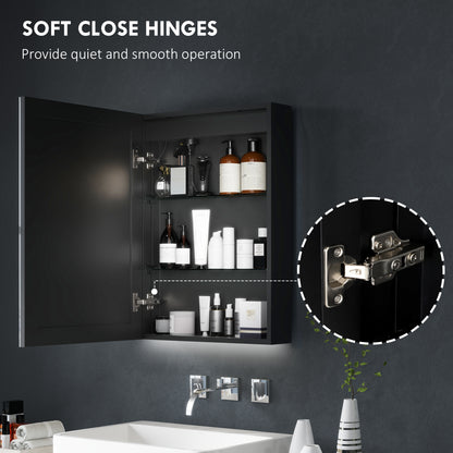HOMCOM Bathroom Mirror Cabinet with LED Lights and Shaver Socket, 500 x 700 mm Wall Mounted Bathroom Cabinet with Mirror, Demister Pad, Dimmer, 3 Colours, Medicine Cabinet, Black