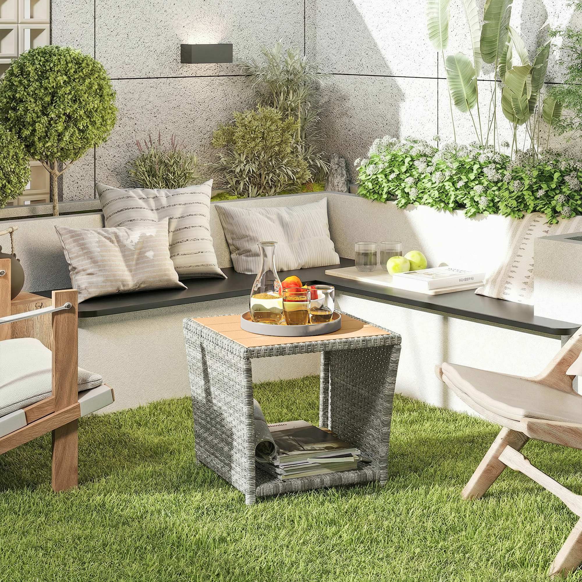 Outsunny Side Table 2-Tier Outdoor Coffee Table with Storage Shelf PS Wood Slat Top/Light Grey 