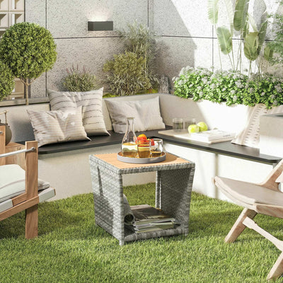Outsunny Side Table 2-Tier Outdoor Coffee Table with Storage Shelf PS Wood Slat Top/Light Grey 