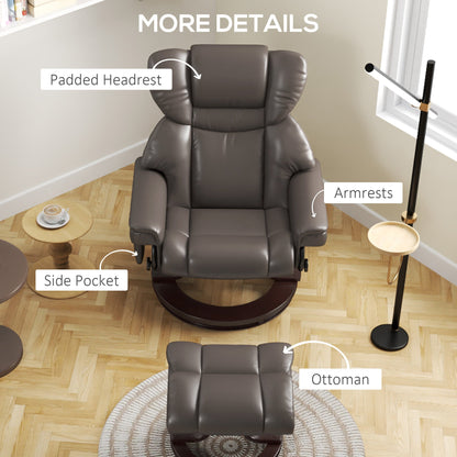 HOMCOM Massage Recliner Chair with Footstool, Upholstered Reclining Armchair with Adjustable Backrest, Steel Frame and Wood Base, Swivel Chair for Living Room, Bedroom, Brown 