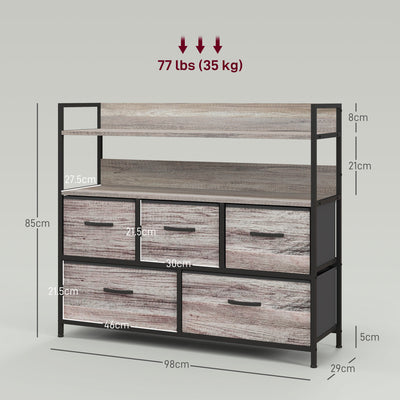HOMCOM Rustic Chest of Five Fabric Drawers - Grey Wood Effect 