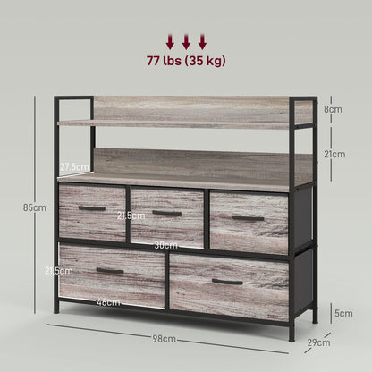 HOMCOM Rustic Chest of Five Fabric Drawers - Grey Wood Effect
