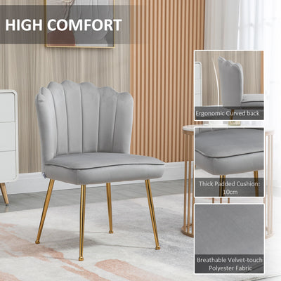 HOMCOM Shell Dining Chairs Set of 2, Upholstered Kitchen Chairs with Gold Metal Legs and Backrest, Velvet Fabric Lounge Leisure Chairs for Living Room, Reception Room, Grey 