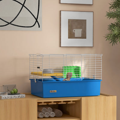 PawHut Chinchillas Small Rabbit Guinea Pig Small Animal Cage, Pet Playhouse, with Platform, Ramp, 71 x 46 x 47cm, Blue 