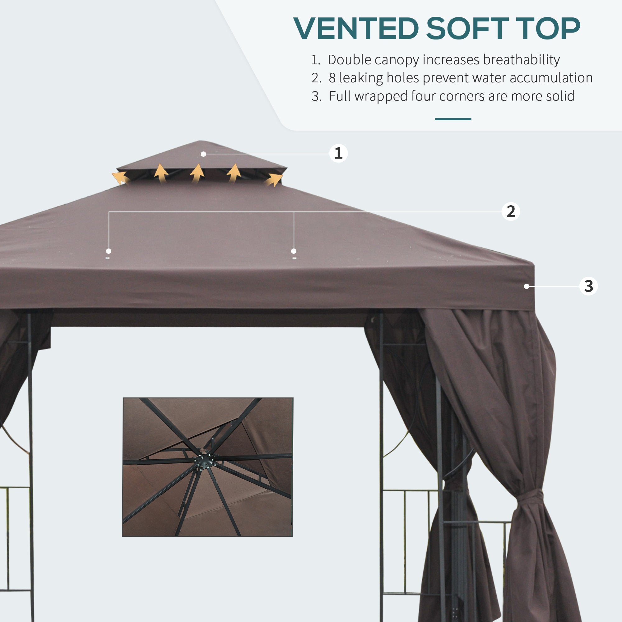 Outsunny 3 x 3 m Garden Gazebo Double Roof Marquee Patio Wedding Party Tent Canopy Shelter with Sidewalls (Brown) 