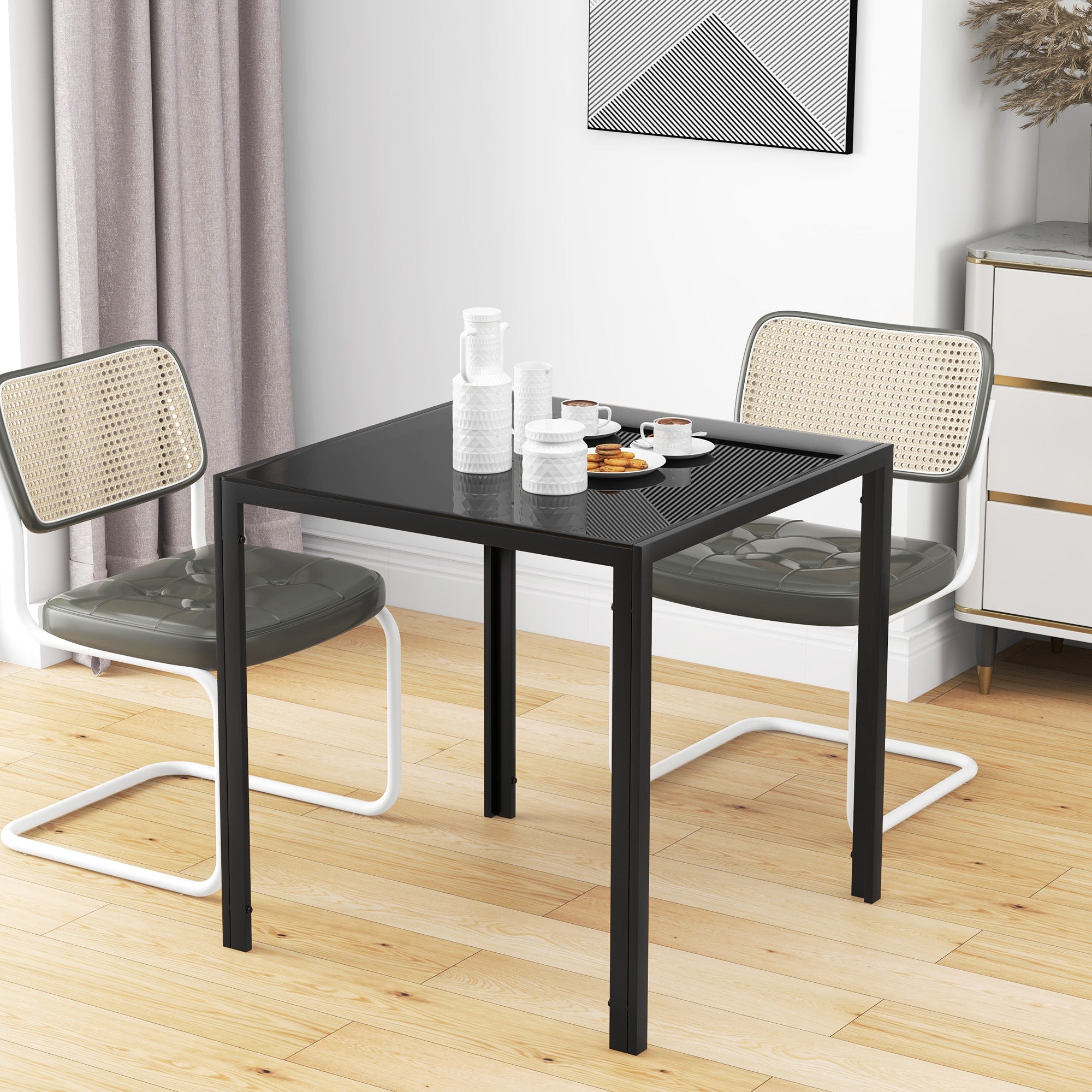 HOMCOM Modern Square Dining Table for 2-4 People, with Glass Top & Metal Legs, Black 
