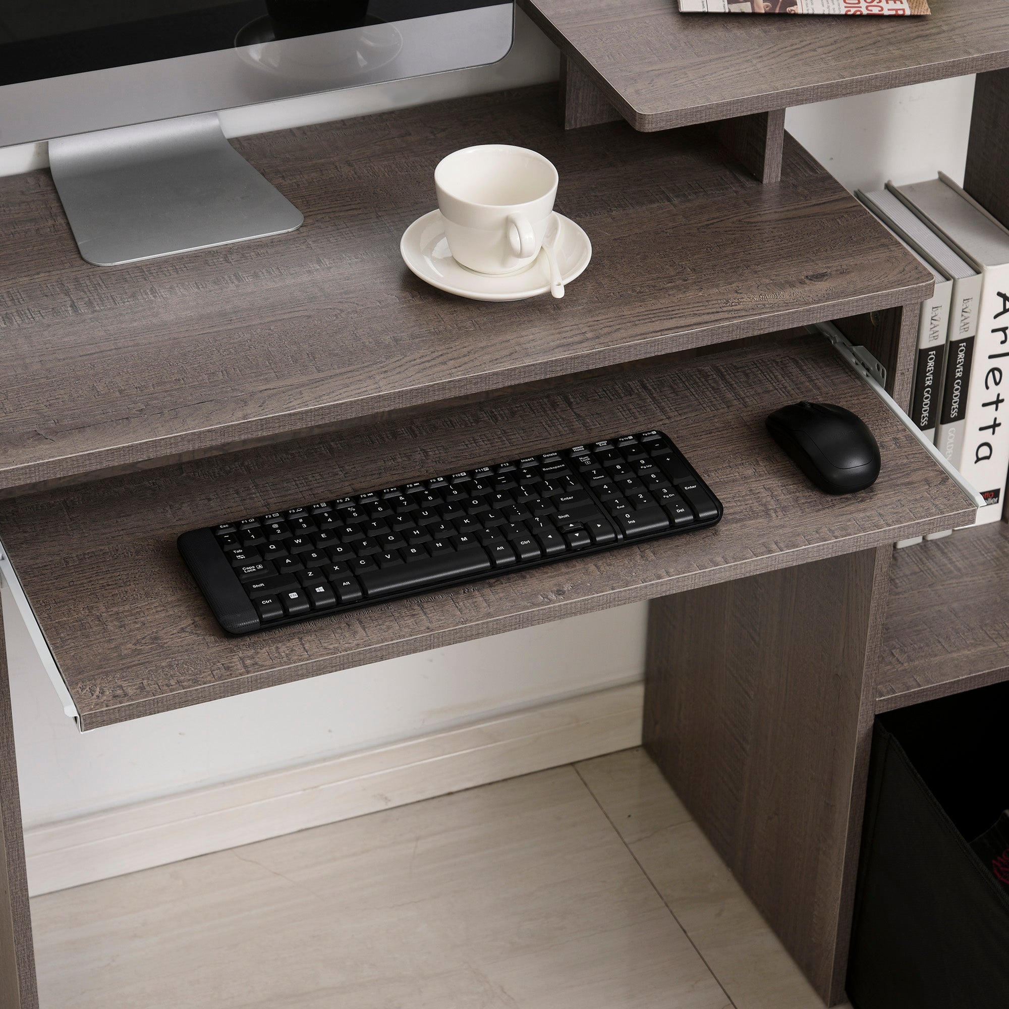 HOMCOM Computer Desk with Sliding Keyboard Tray Storage Drawer Shelf Home Office Workstation Grey 