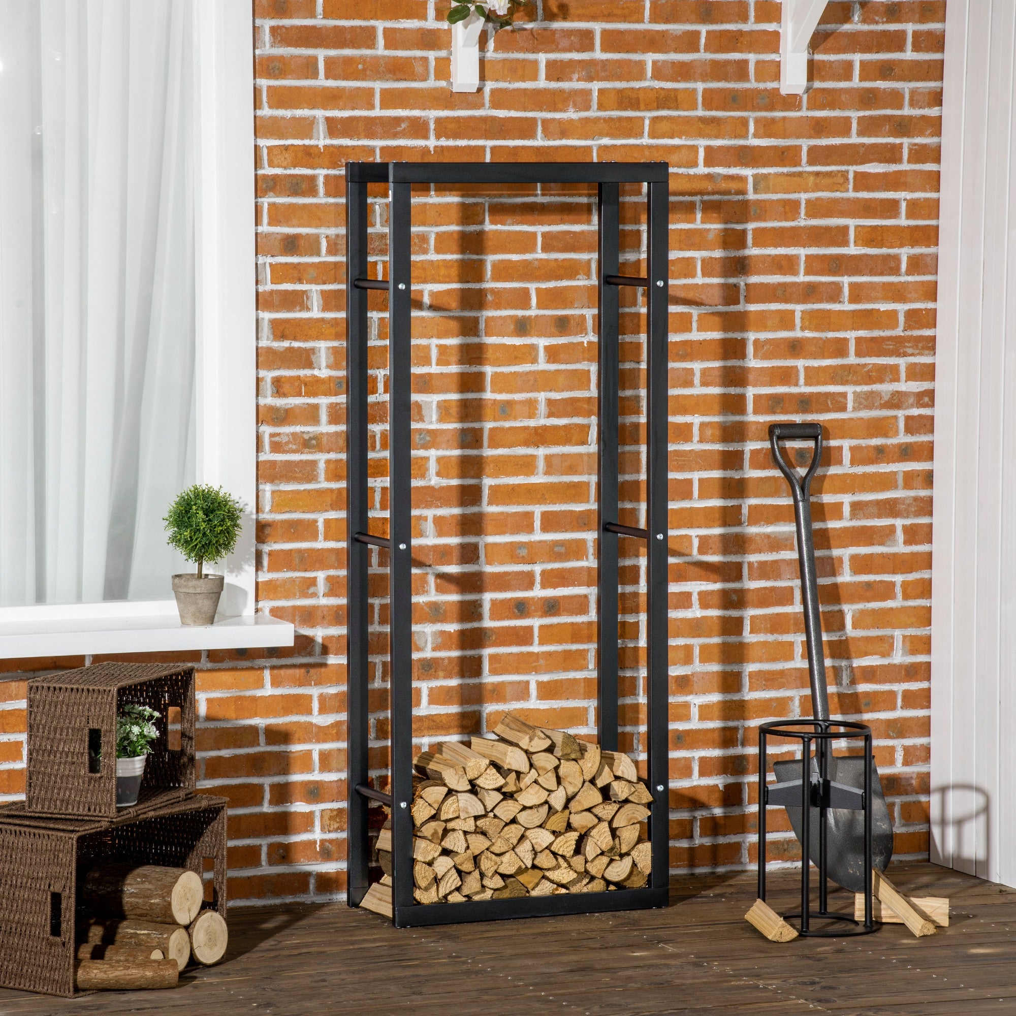 HOMCOM Metal Firewood Log Holder Tall Firewood Rack Indoor Outdoor Fireplace Wood Storage Shelf, Black, 60Wx25Dx150Hcm 