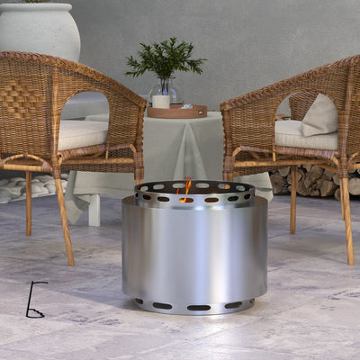 Outsunny Smokeless Fire Pit, 48.5cm Portable Wood Burning Firepit with Poker for Garden Camping Bonfire Party, Stainless Steel, Silver 