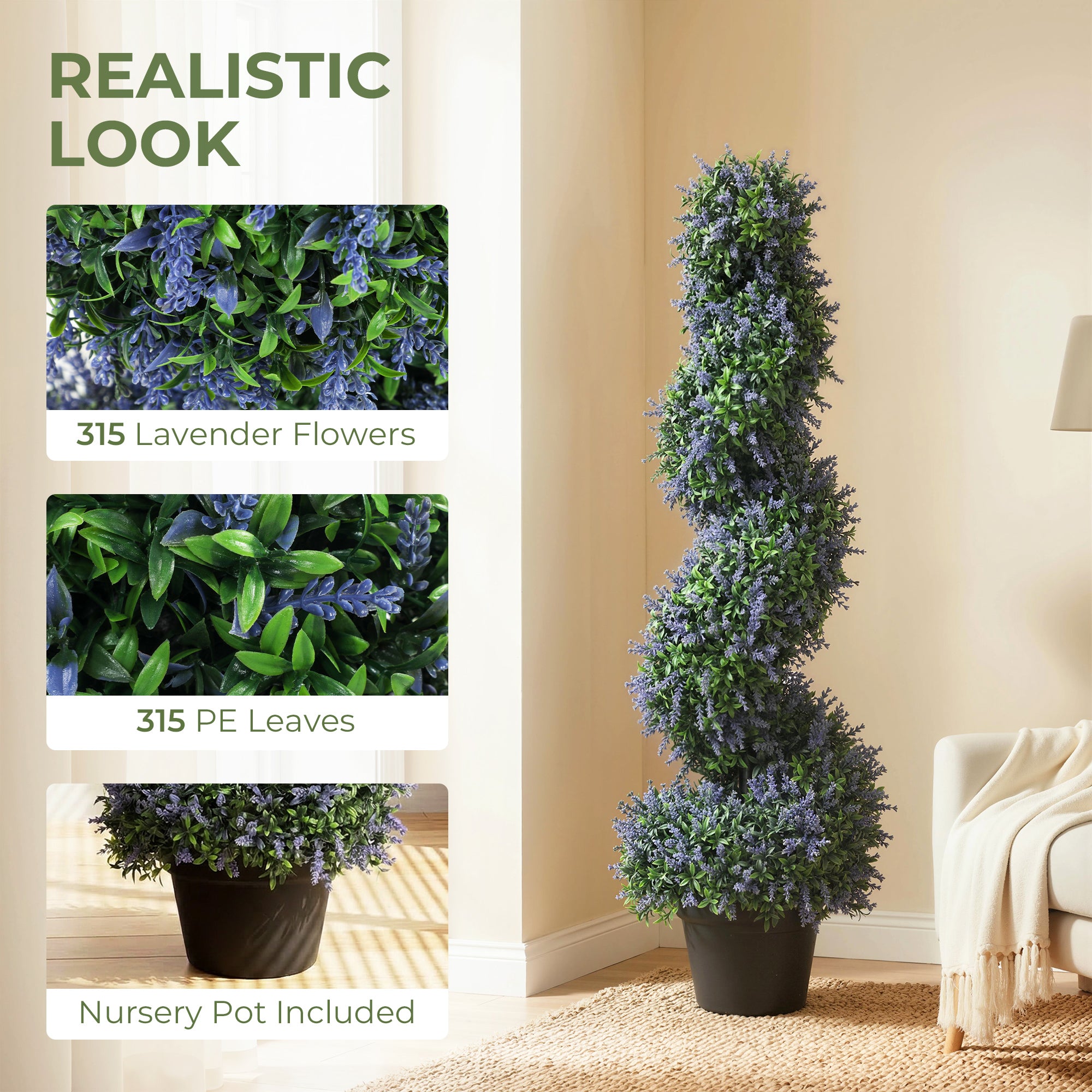 HOMCOM Artificial Lavender Topiary Tree Set of 2, UV Resistant Fake Plants in Pot for Indoor Outdoor Decor, 90 cm, Purple 