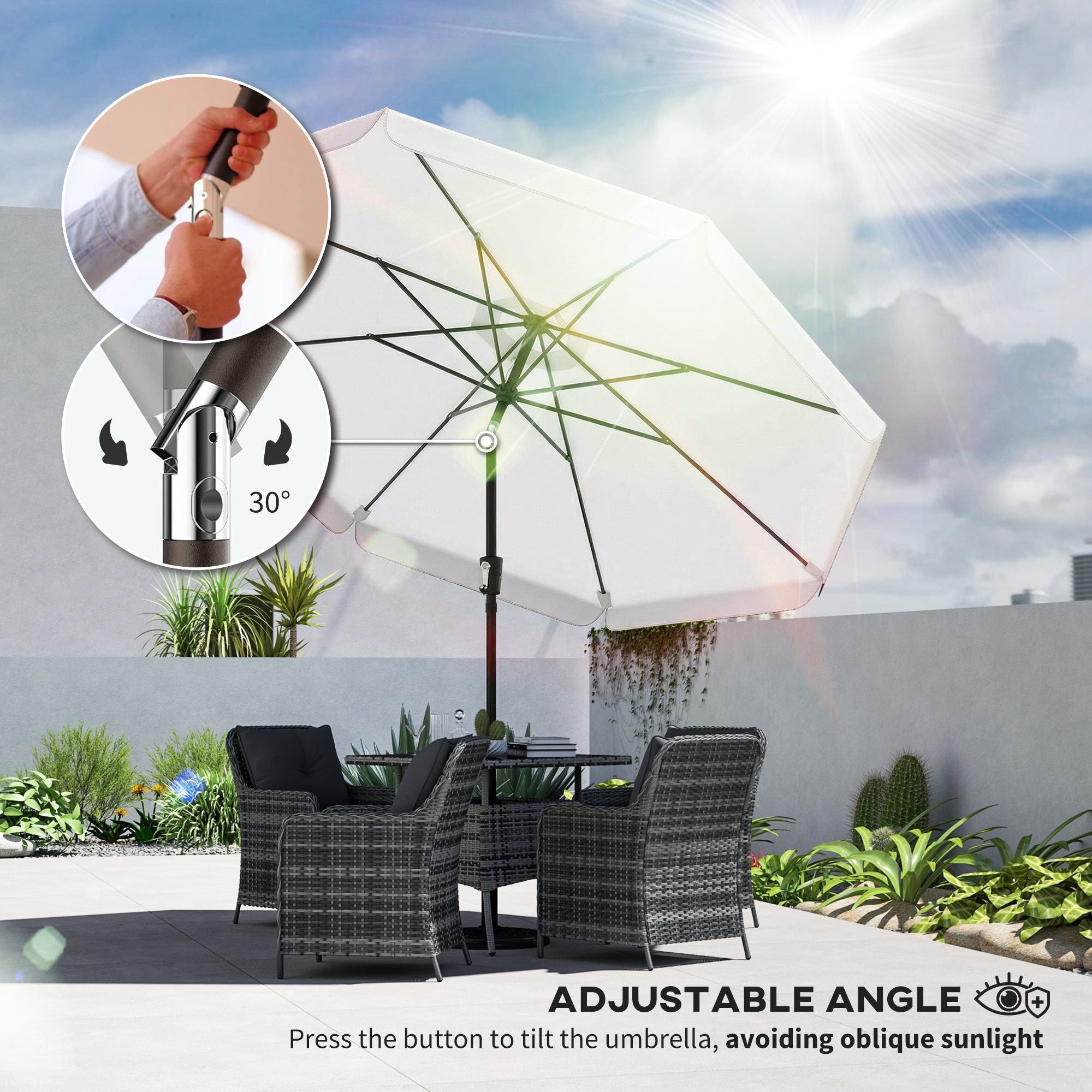 Outsunny 3 m Garden Parasol with Tilt Mechanism & Crank Handle, UPF 30+ Patio Umbrella Outdoor Table Umbrella, Cream White 