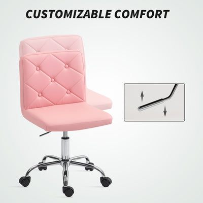 HOMCOM PU Leather Armless Office Chair, Modern Vanity Computer Swivel Chair with Rolling Wheels and Adjustable Height for Home Study, Bedroom, Pink 