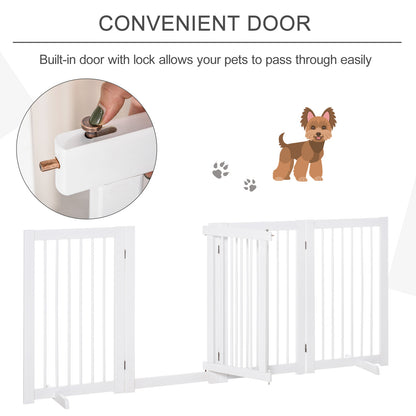 PawHut Freestanding Pet Gate 4 Panels Wooden Dog Safety Fence Foldable with Support Feet for Doorway Stairs 91cm Tall White 
