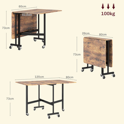 HOMCOM Six-Seater Drop-Leaf Dining Table, with Wheels - Brown Wood-Effect 