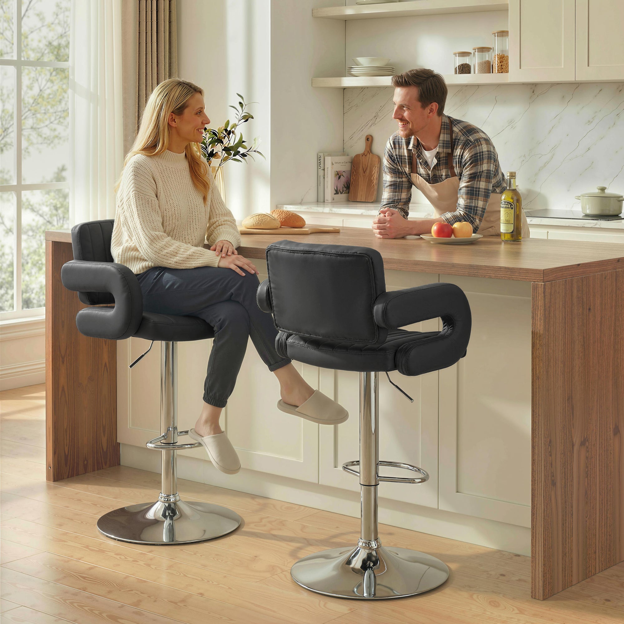 HOMCOM Bar Stools Adjustable Swivel Kitchen Chairs with Backrest Armrest Set of 2 PU Leather Black 
