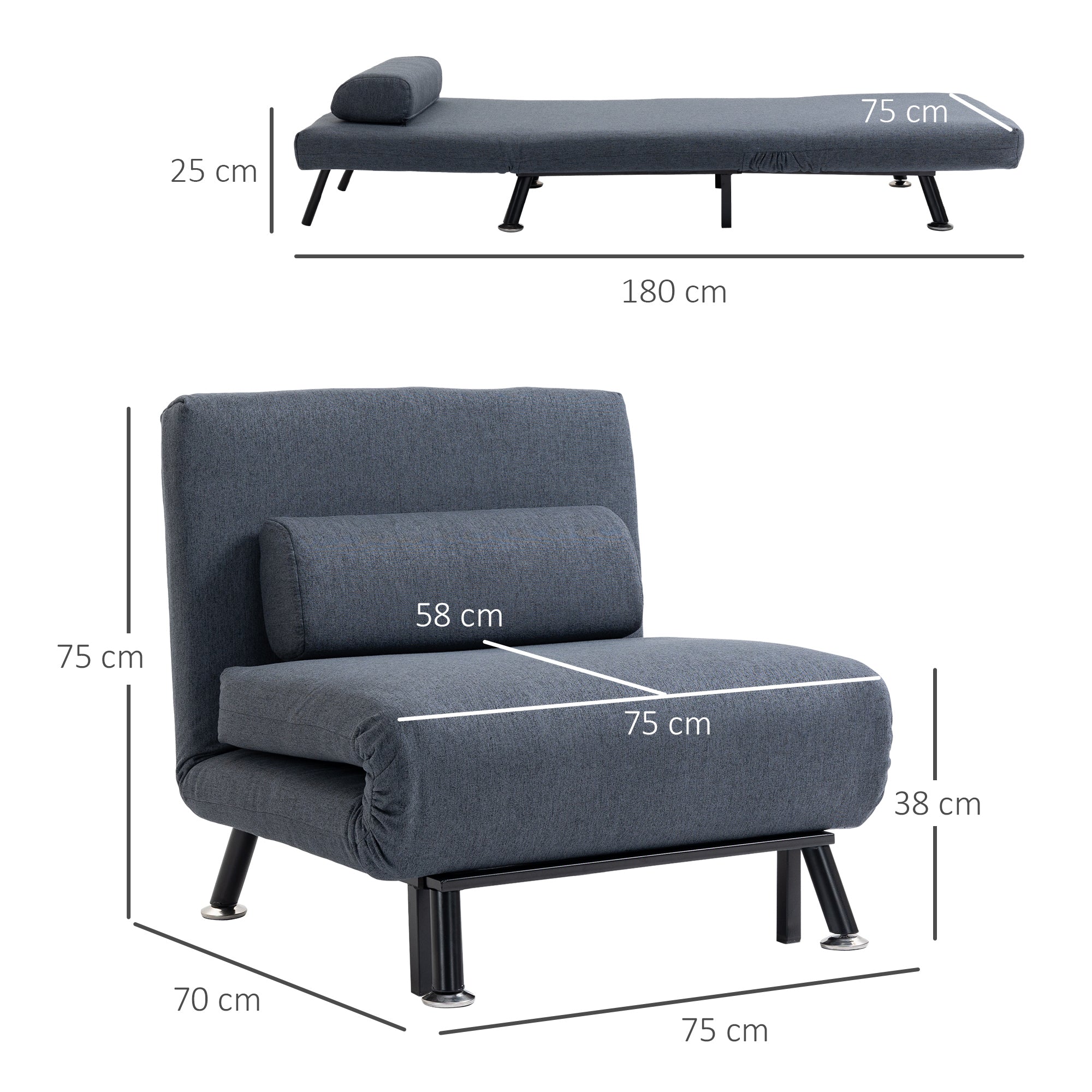 HOMCOM Linen Chair Bed, 3-in-1 Convertible Sleeper Chair with Adjustable Backrest, Pillow, for Living Room, Bedroom, Dark Grey 