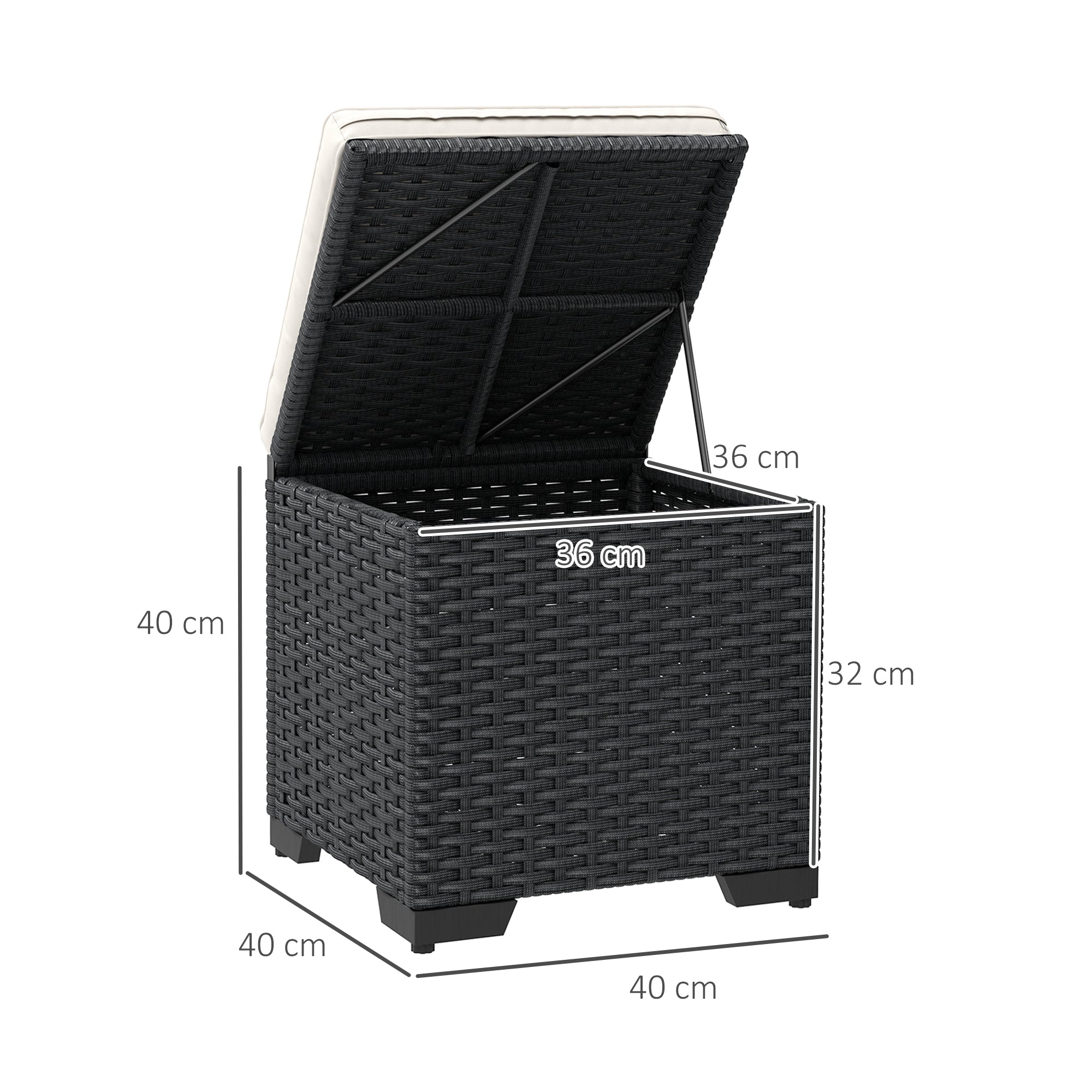 Outsunny Set of 2 Rattan Storage Ottoman, Outdoor Footstool with Removable Cushions, Garden Storage Seat for Balcony, Poolside, Living Room, Cream 