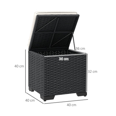 Outsunny Set of 2 Rattan Storage Ottoman, Outdoor Footstool with Removable Cushions, Garden Storage Seat for Balcony, Poolside, Living Room, Cream 