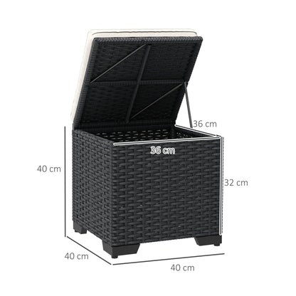 Outsunny Set of 2 Rattan Storage Ottoman, Outdoor Footstool with Removable Cushions, Garden Storage Seat for Balcony, Poolside, Living Room, Cream 