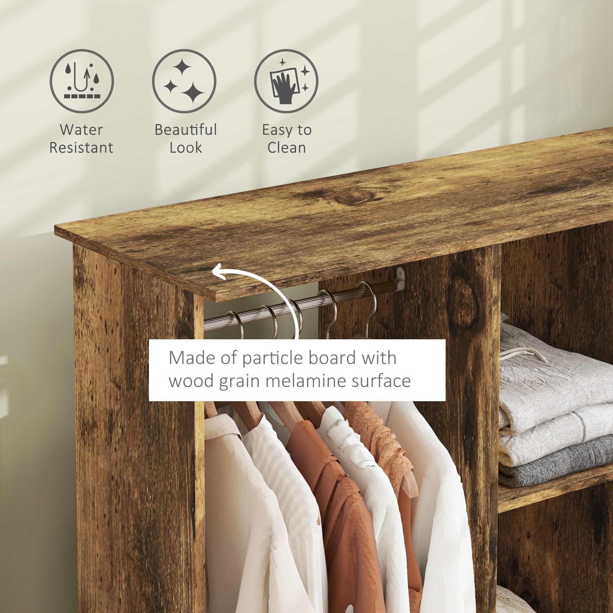 HOMCOM Open Wardrobe Double Mobile Storage Shelves Organizer W/6 Wheels-Rustic Brown 
