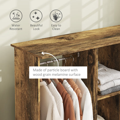 HOMCOM Open Wardrobe Double Mobile Storage Shelves Organizer W/6 Wheels-Rustic Brown 