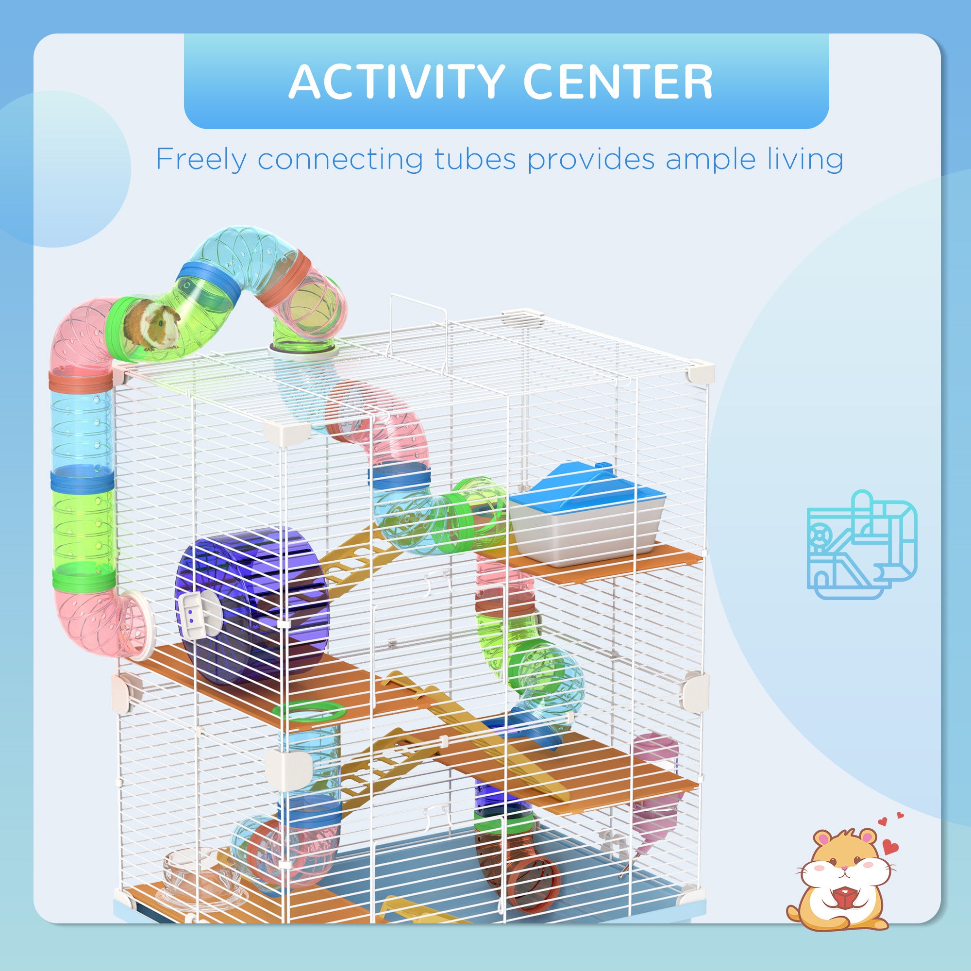 PawHut 5 Tier Hamster Cage Carrier Habitat w/ Exercise Wheels, Tunnel, Light Blue 