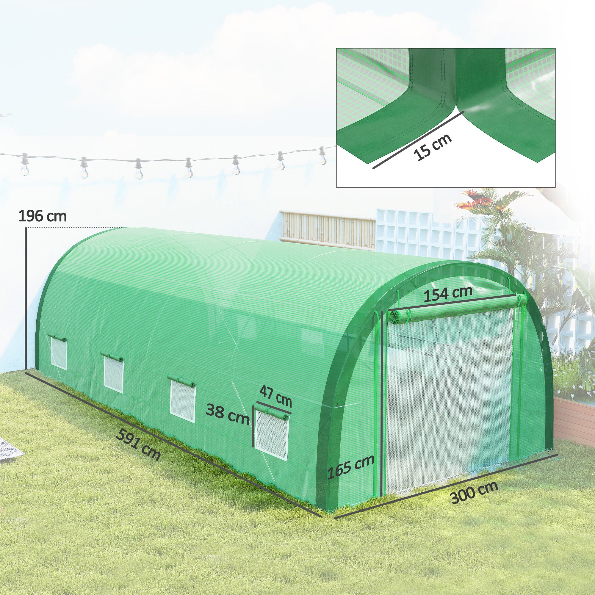 Outsunny 6 x 3(m) Polytunnel Greenhouse with Upgraded Structure, Mesh Door and Windows, 15 Plant Labels, Green 