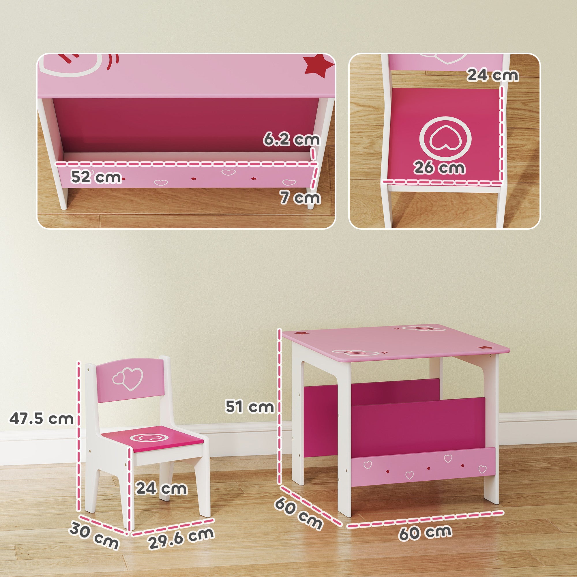 AIYAPLAY 3 Pieces Kids Table and Chair Set, Toddler Activity Table with Bookshelves, for Living Room, Nursery, Playroom, Pink 