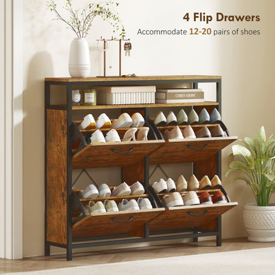 HOMCOM Shoe Storage Cabinet with 4 Flip Drawers and Open Shelf - Rustic Brown 