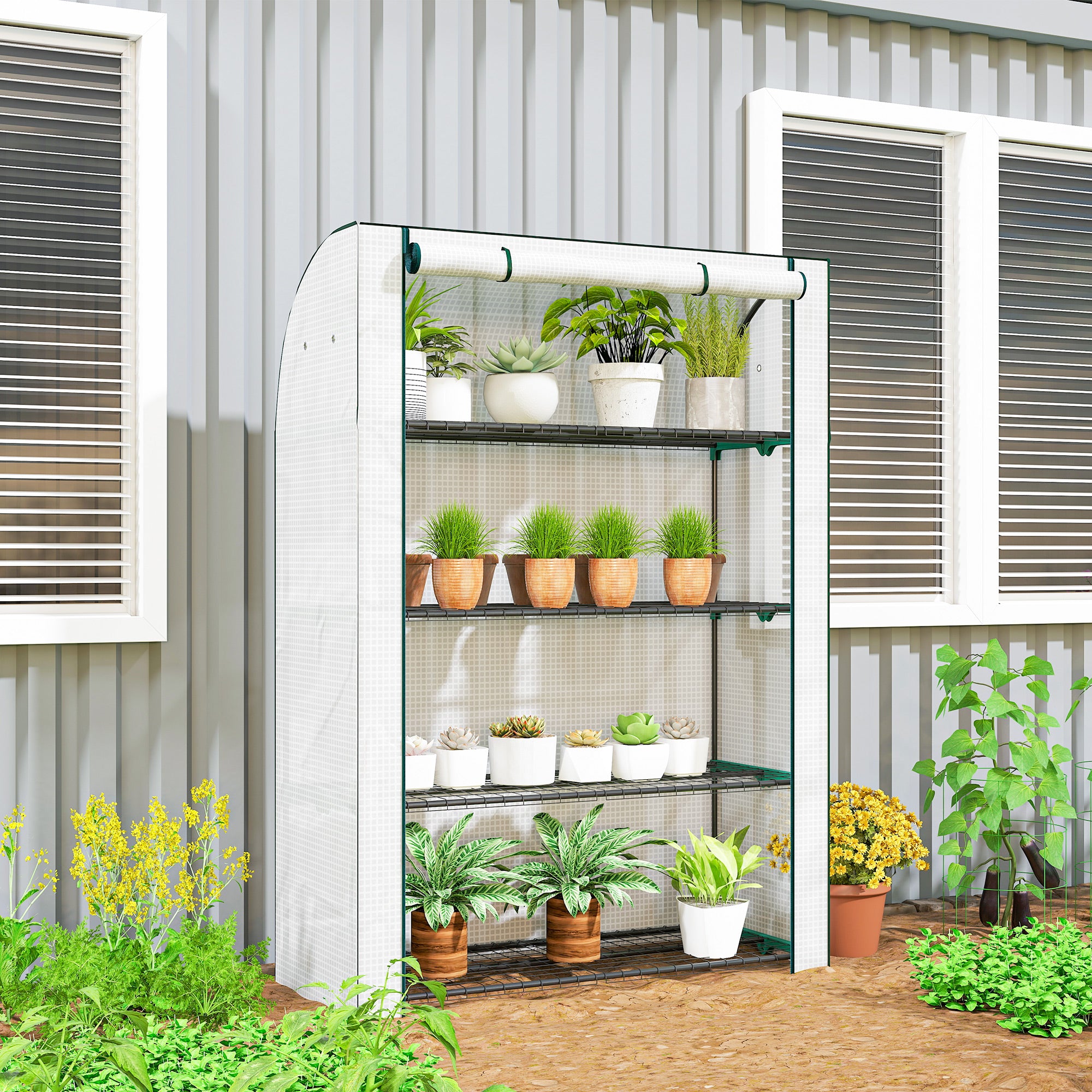 Outsunny Mini Greenhouse with Reinforced PE Cover, Portable Indoor Outdoor Green House with Roll-up Door, 170 x 120 x 50cm, White 
